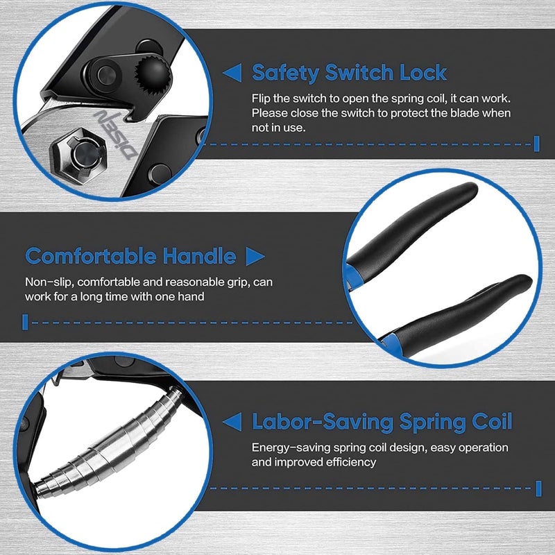 DISEN Wire Cutters Heavy Duty Cutting Up to 3/16", Metal Cable Cutters for Fence Thick Wire, Safety Lock, Spring Loaded, Non-slip Matte Handle, Chrome Vanadium Steel Jaw - Blue Black - Image 4